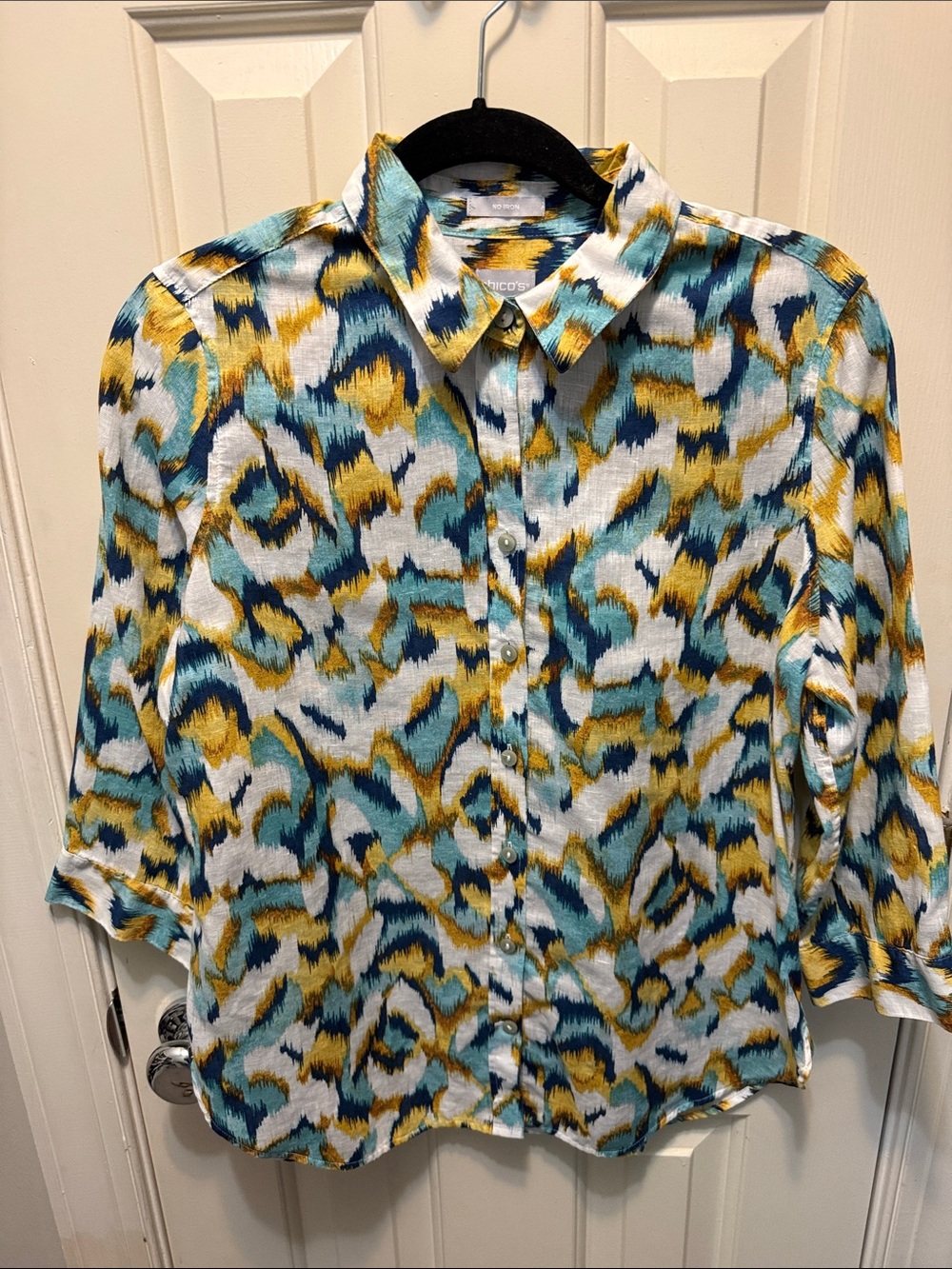 Chico's Teal, Mustard & White Abstract Button-Down Shirt